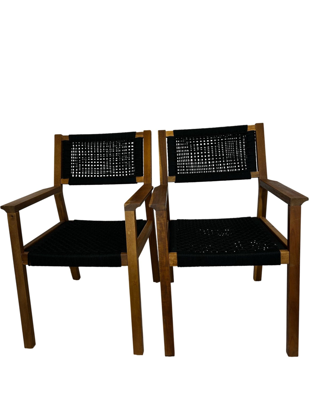 Pair Mid Century Style Wooden Armchairs Black Woven Seats (Pre-Loved)