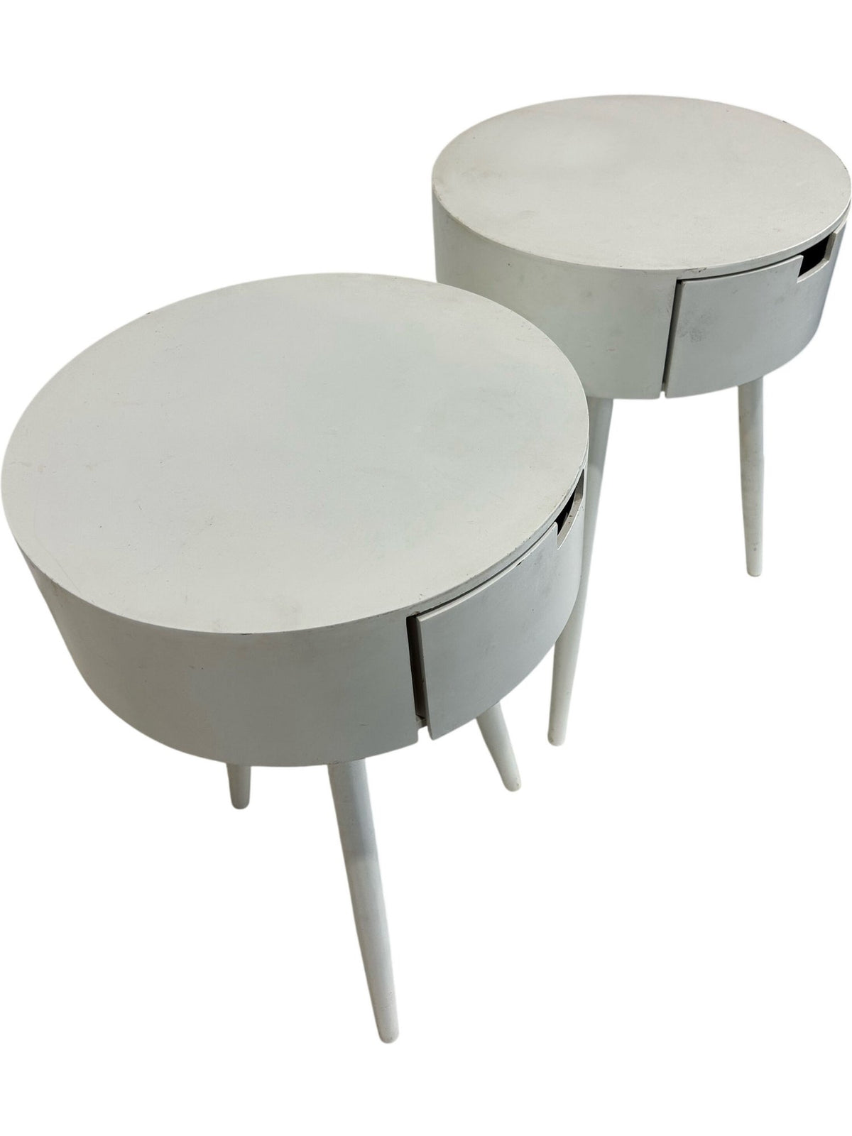 Set of 2 White Round Bedside Tables with Drawer Storage Tapered Legs (Pre-Loved)