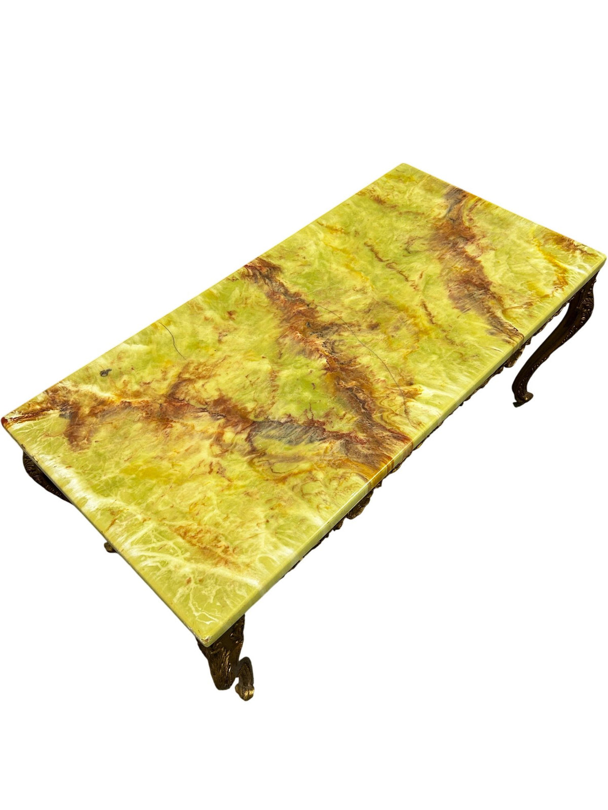 Vintage Green Onyx Marble Coffee Table with Ornate Brass-Tone Base (Pre-Loved)