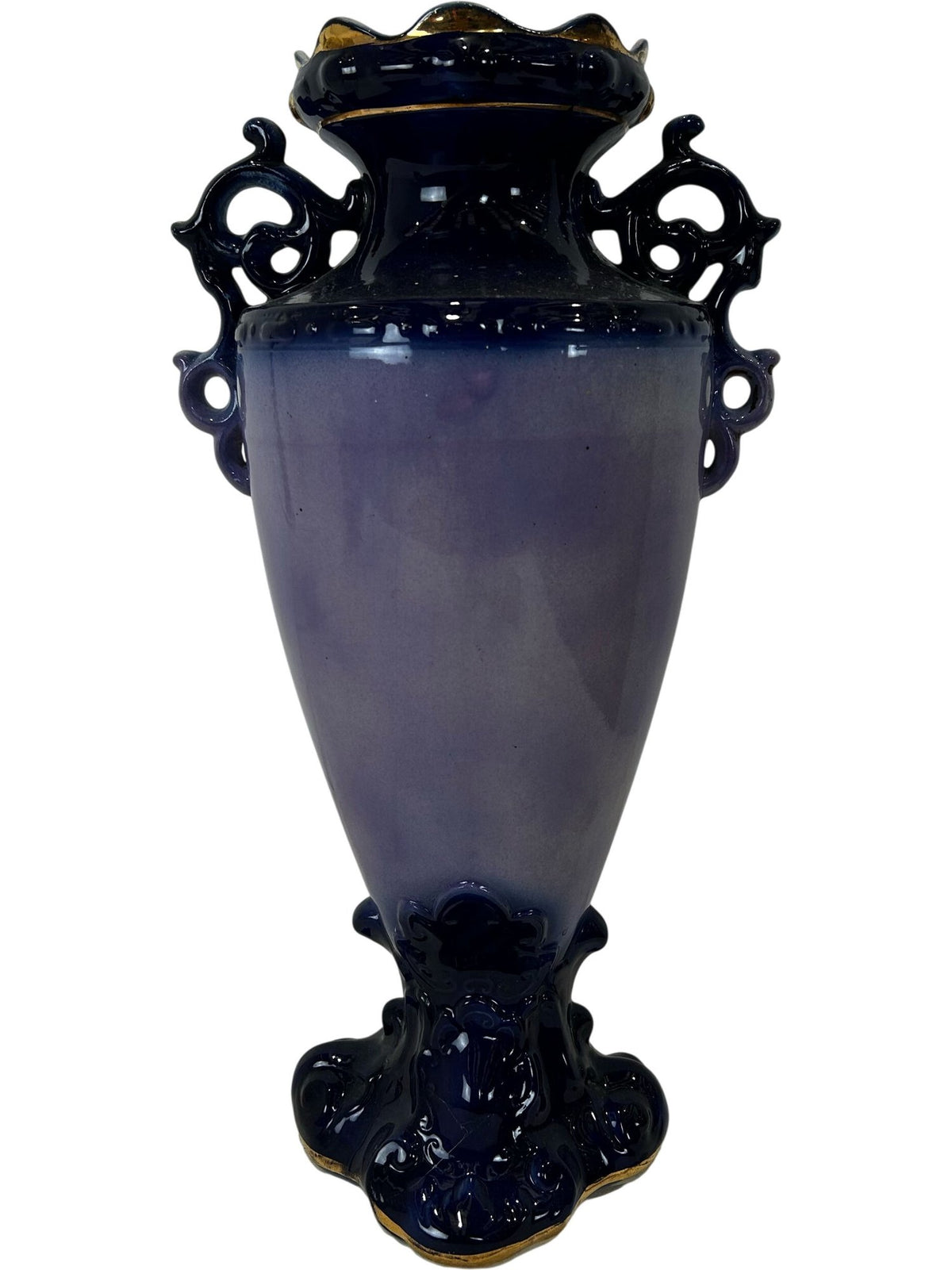 Ornate Blue Ceramic Vase Oriental Style Decorative Handles (Pre-Loved)