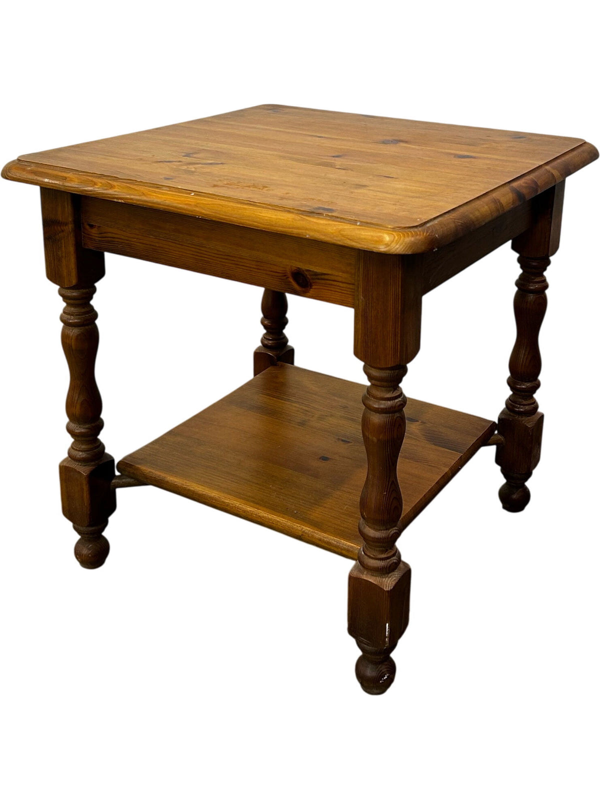 Vintage Wooden Side Table Square Turned Legs Lower Shelf Brown (Pre-Loved)