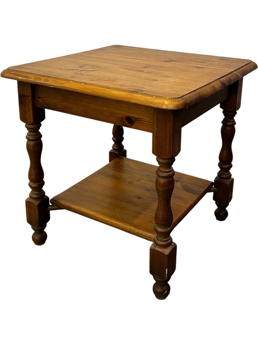 Vintage Wooden Side Table Square Turned Legs Lower Shelf Brown (Pre-Loved)