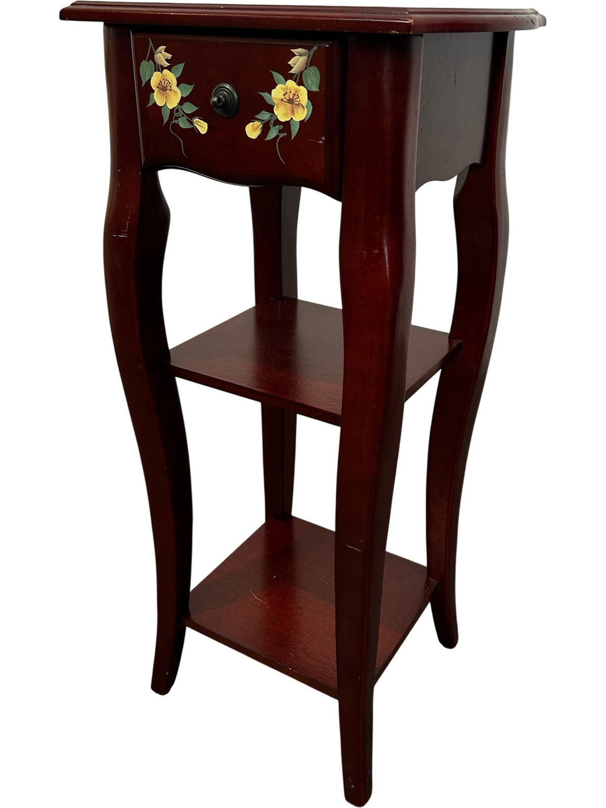 Tall Wooden Side Table Floral Drawer 2 Shelves Mahogany Finish (Pre-Loved)