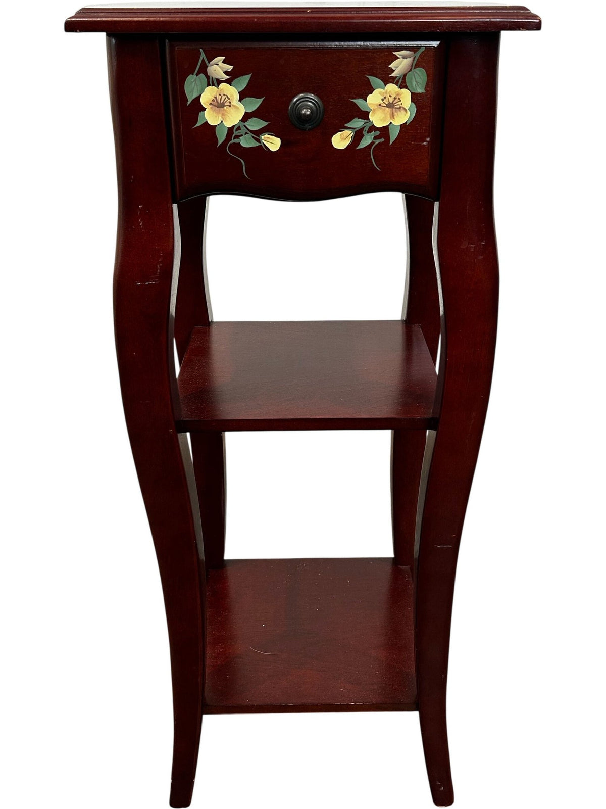 Tall Wooden Side Table Floral Drawer 2 Shelves Mahogany Finish (Pre-Loved)