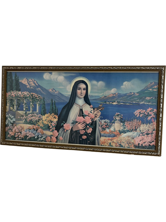 Framed Religious Art Print Floral Landscape Decoration (Pre-Loved)