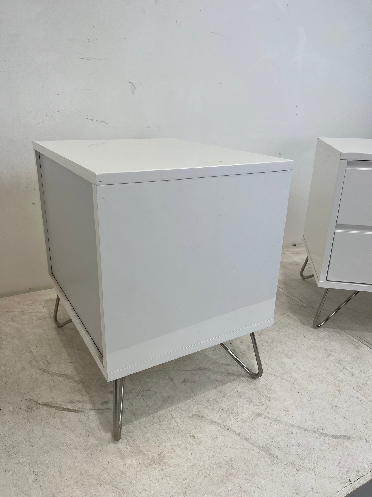 Elona Made White Bedside Tables With Silver Hairpin Legs (Pre-Loved)