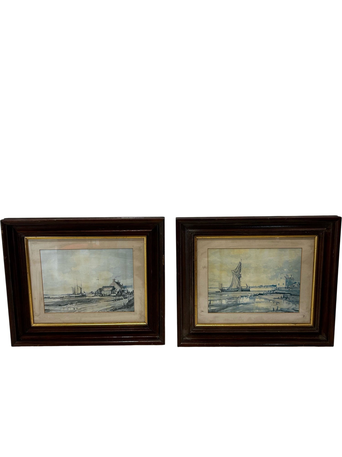 Pair Vintage Style Framed Maritime Coastal Sailing Boat Art Prints (Pre-Loved)