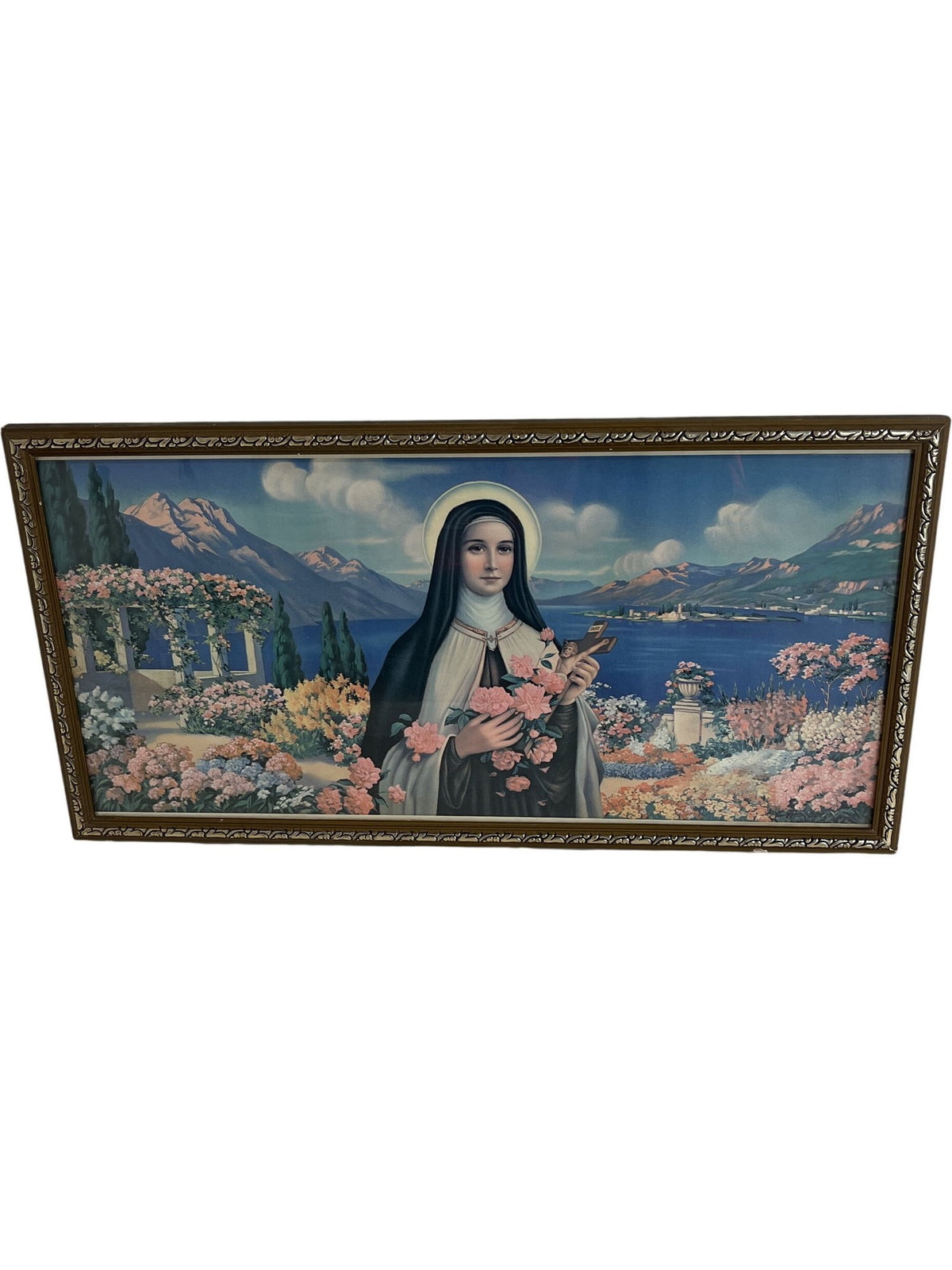 Framed Religious Art Print Floral Landscape Decoration (Pre-Loved)
