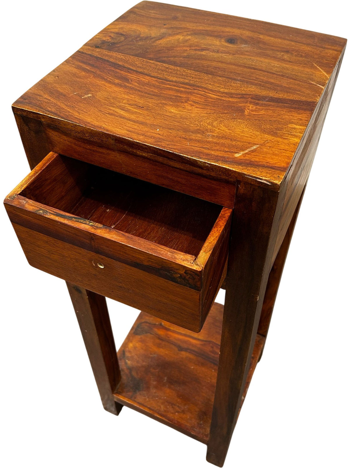 Tall Wooden Side Table 1 Drawer Lower Shelf Narrow Plant Stand (Pre-Loved)