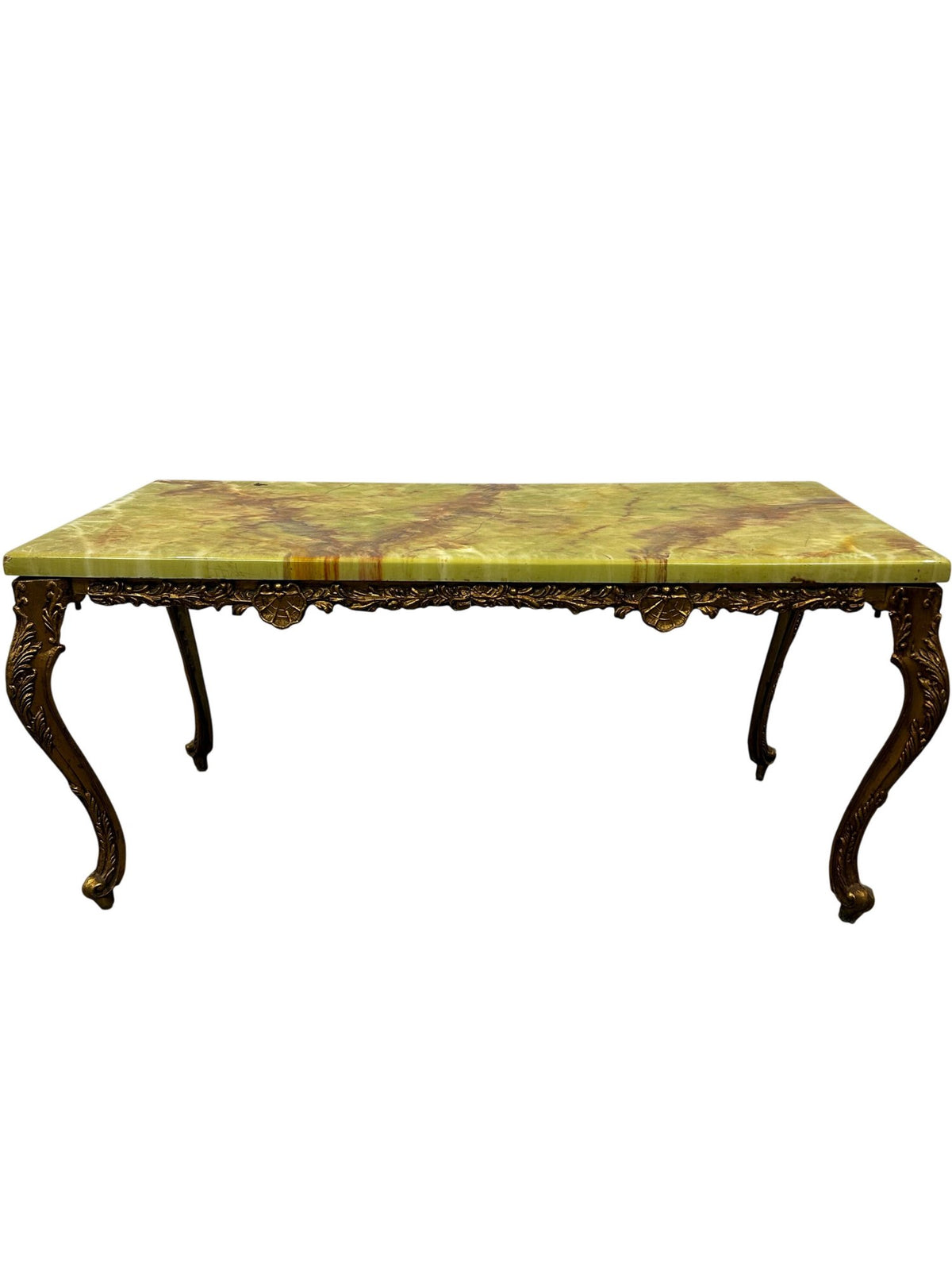 Vintage Green Onyx Marble Coffee Table with Ornate Brass-Tone Base (Pre-Loved)