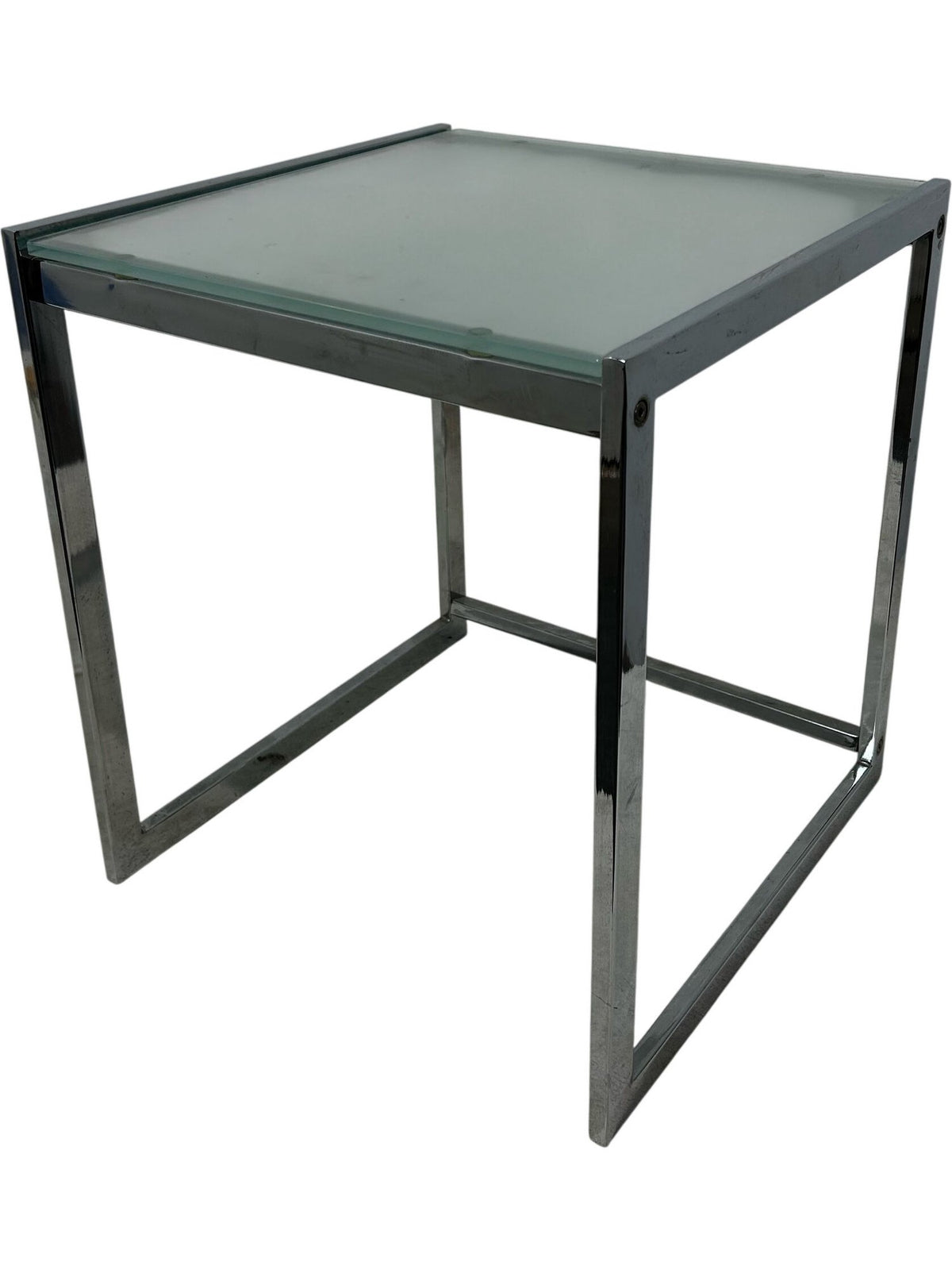 40cm Square Glass Side Table Silver Metal Frame (Pre-Loved)