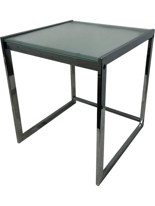 40cm Square Glass Side Table Silver Metal Frame (Pre-Loved)
