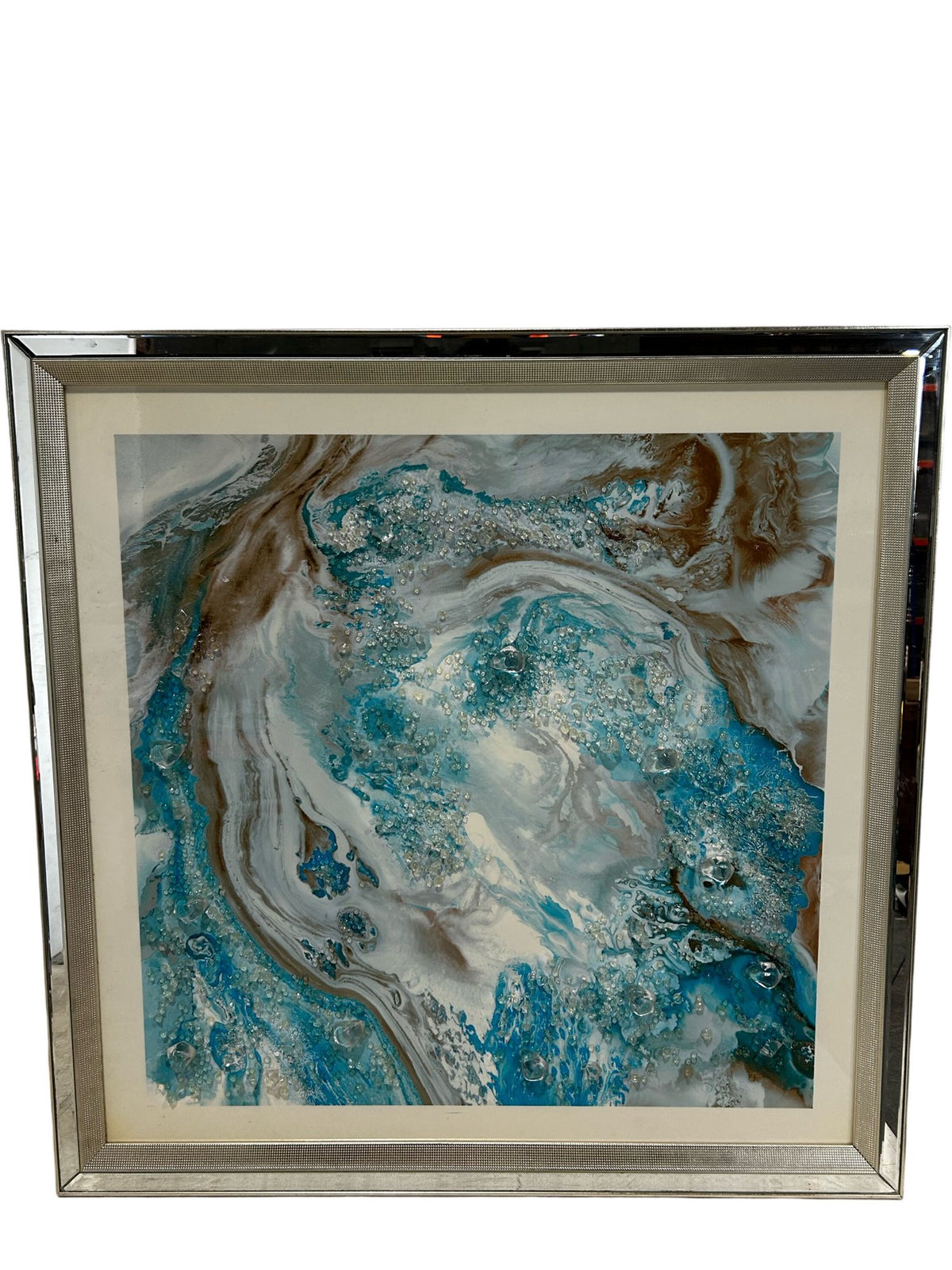 Large Blue White Abstract Marble Effect Wall Art Silver Frame 89cm (Pre-Loved)