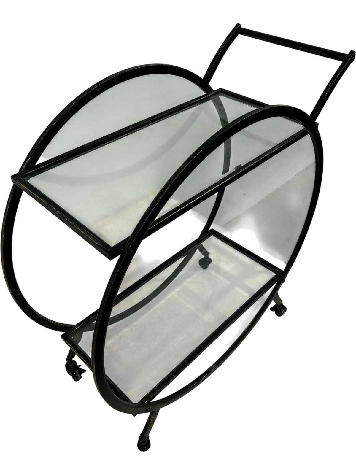 Black Metal Drinks Trolley Bar Cart 2 Glass Shelves Round Frame (Pre-Loved)