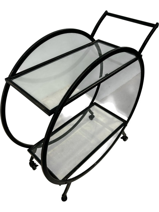 Black Metal Drinks Trolley Bar Cart 2 Glass Shelves Round Frame (Pre-Loved)