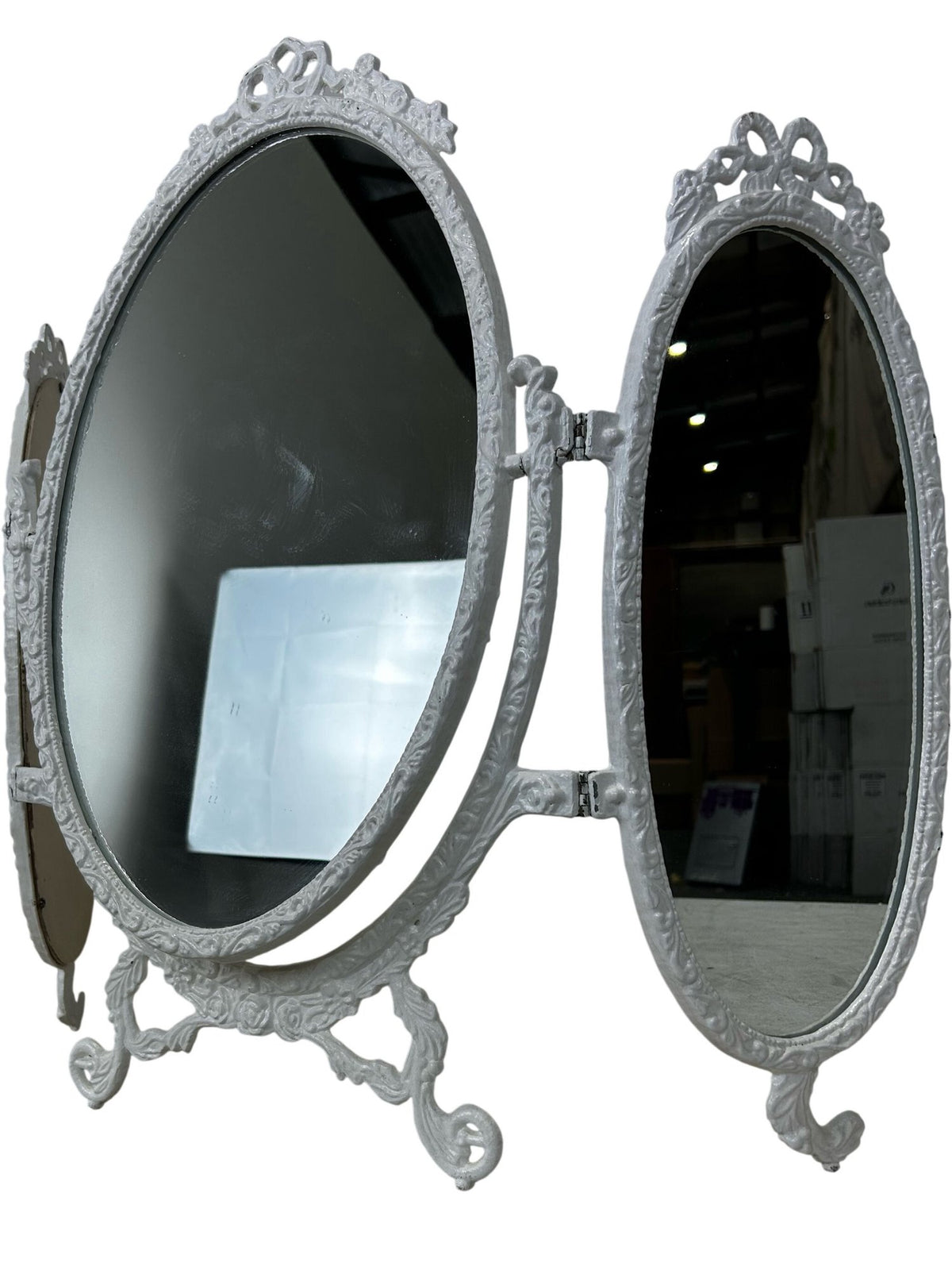 Vintage Triple Oval Vanity Dressing Table Mirror Ornate White Frame (Pre-Loved)