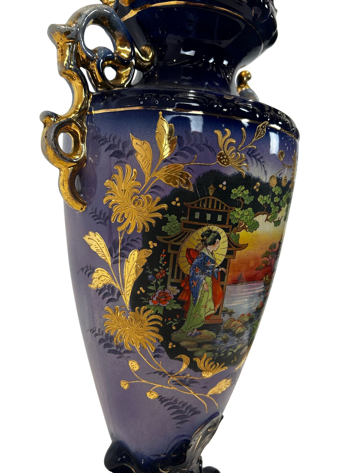 Ornate Blue Ceramic Vase Oriental Style Decorative Handles (Pre-Loved)