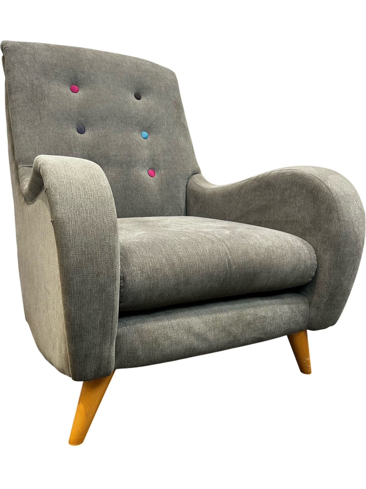 Grey Upholstered Accent Armchair Multicoloured Buttons Wooden Legs (Pre-Loved)
