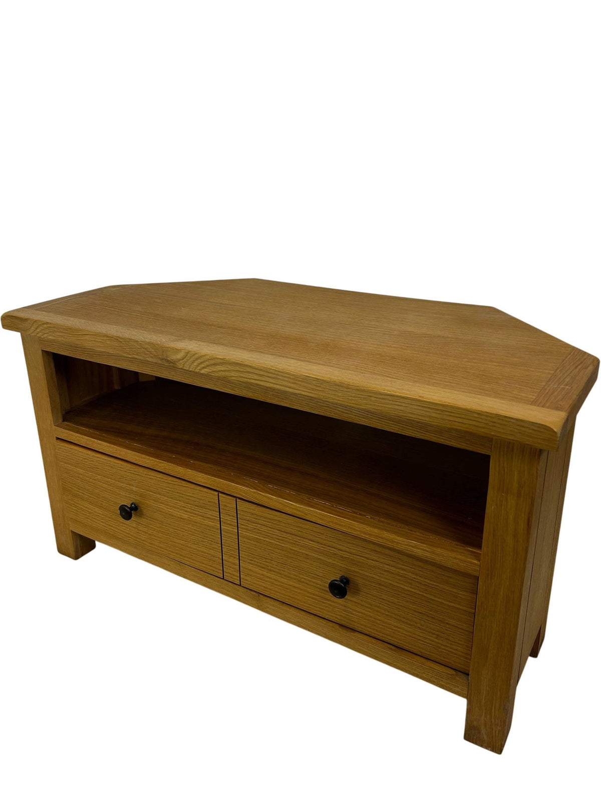 Oak Effect Corner TV Stand Media Unit Drawer Open Shelf Storage (Pre-Loved)