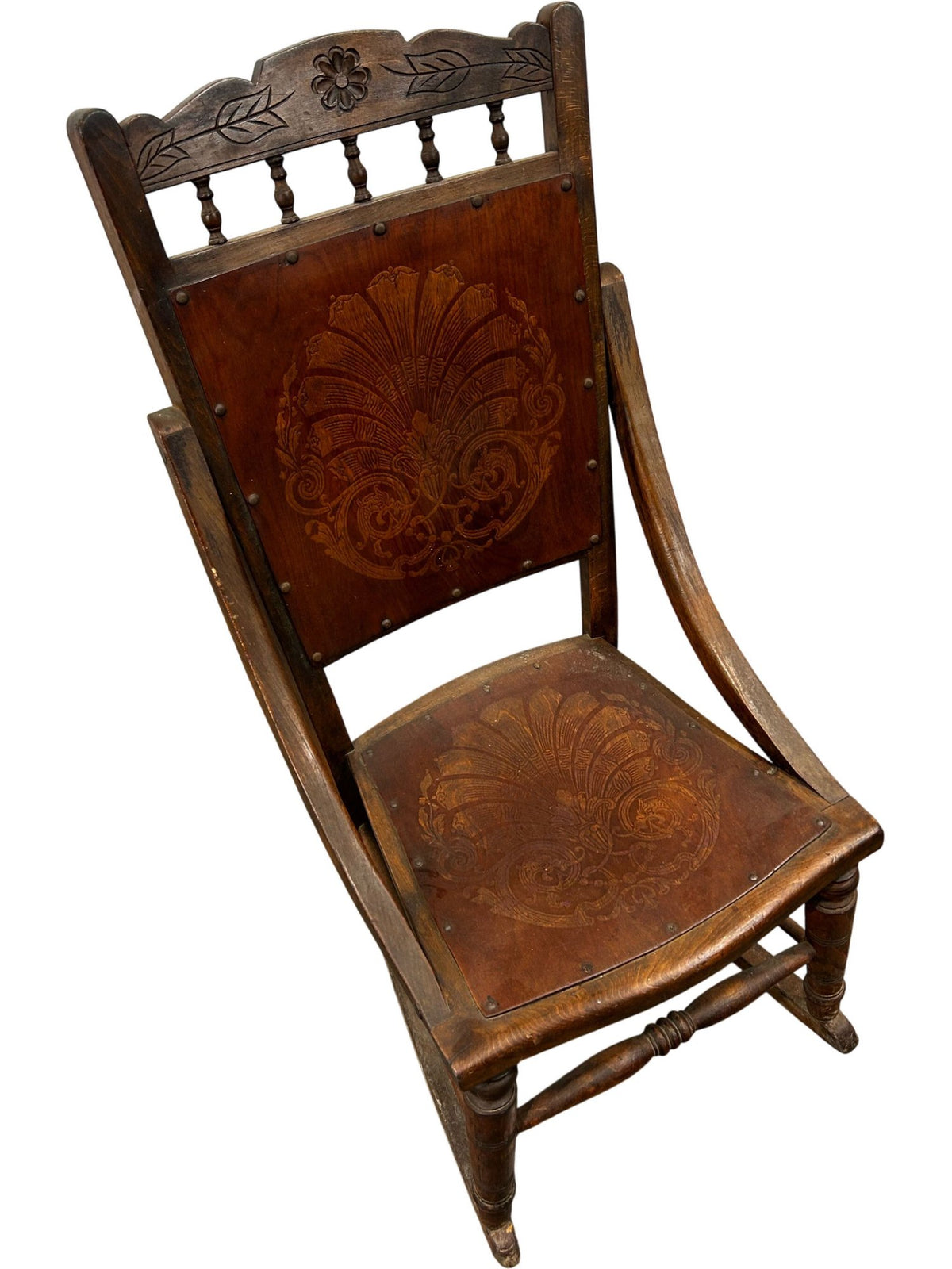 Carved Wooden Rocking Chair Floral Back Turned Legs Traditional (Pre-Loved)