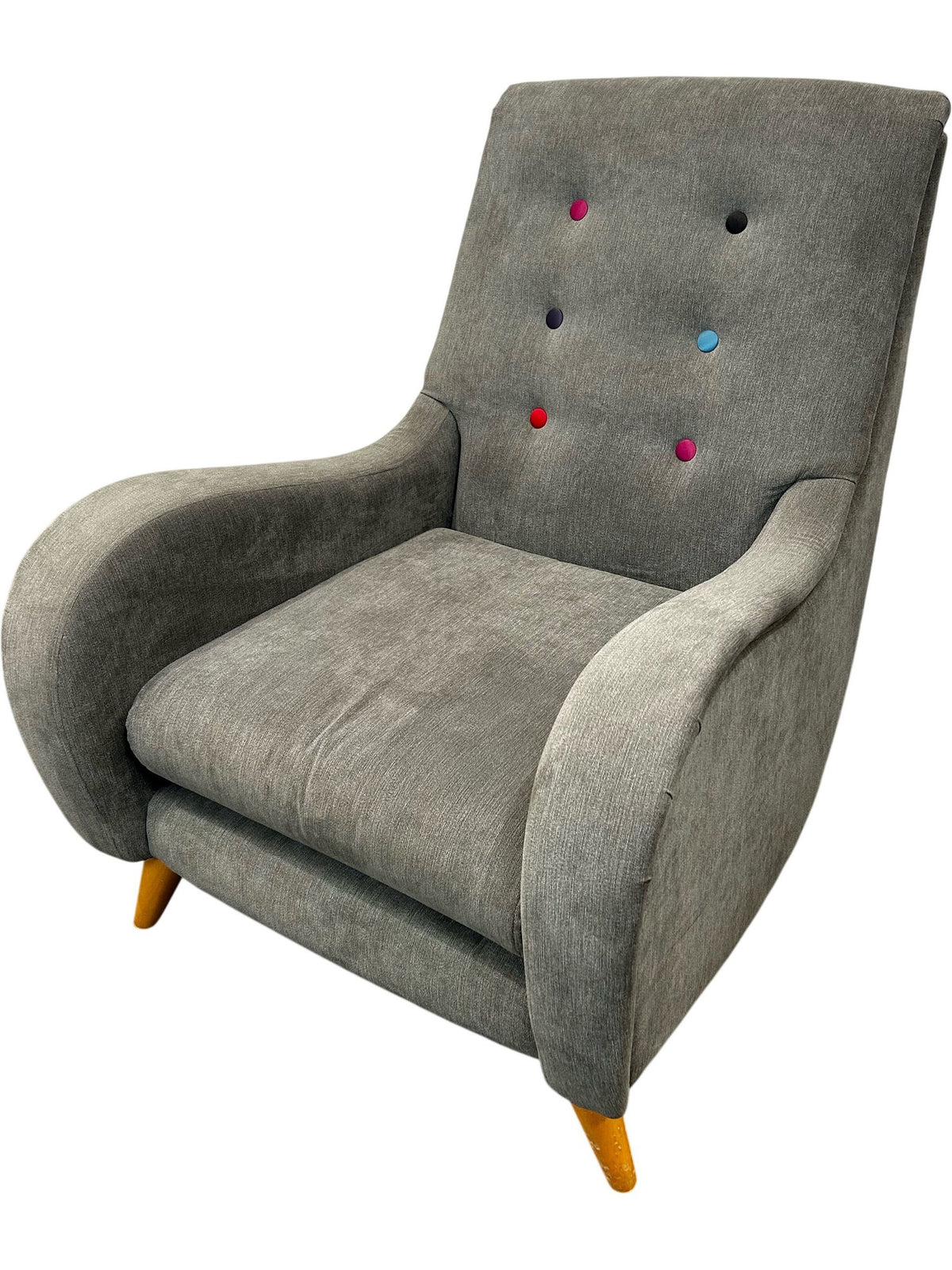 Grey Upholstered Accent Armchair Multicoloured Buttons Wooden Legs (Pre-Loved)