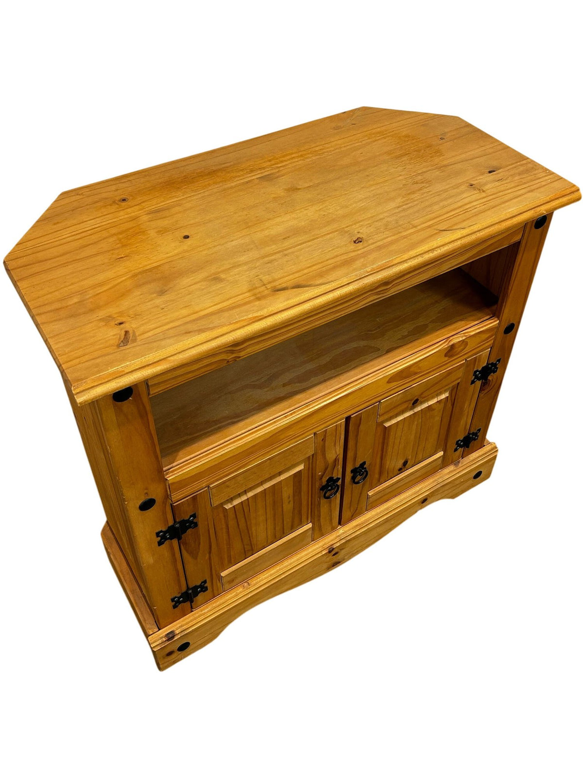 Rustic Pine Corner TV Stand with 2 Door Cupboard & Open Shelf (Pre-Loved)