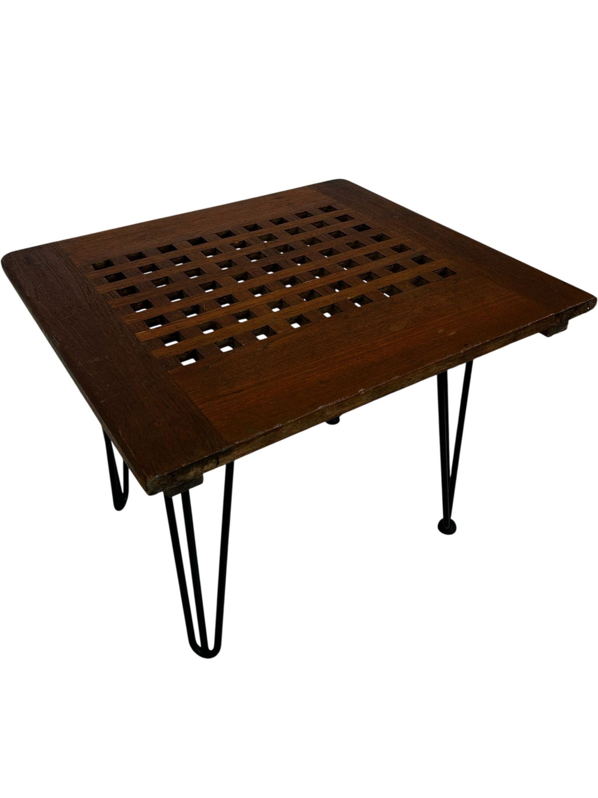 Wooden Lattice Top Side Table Black Hairpin Legs Vintage Style (Pre-Loved)