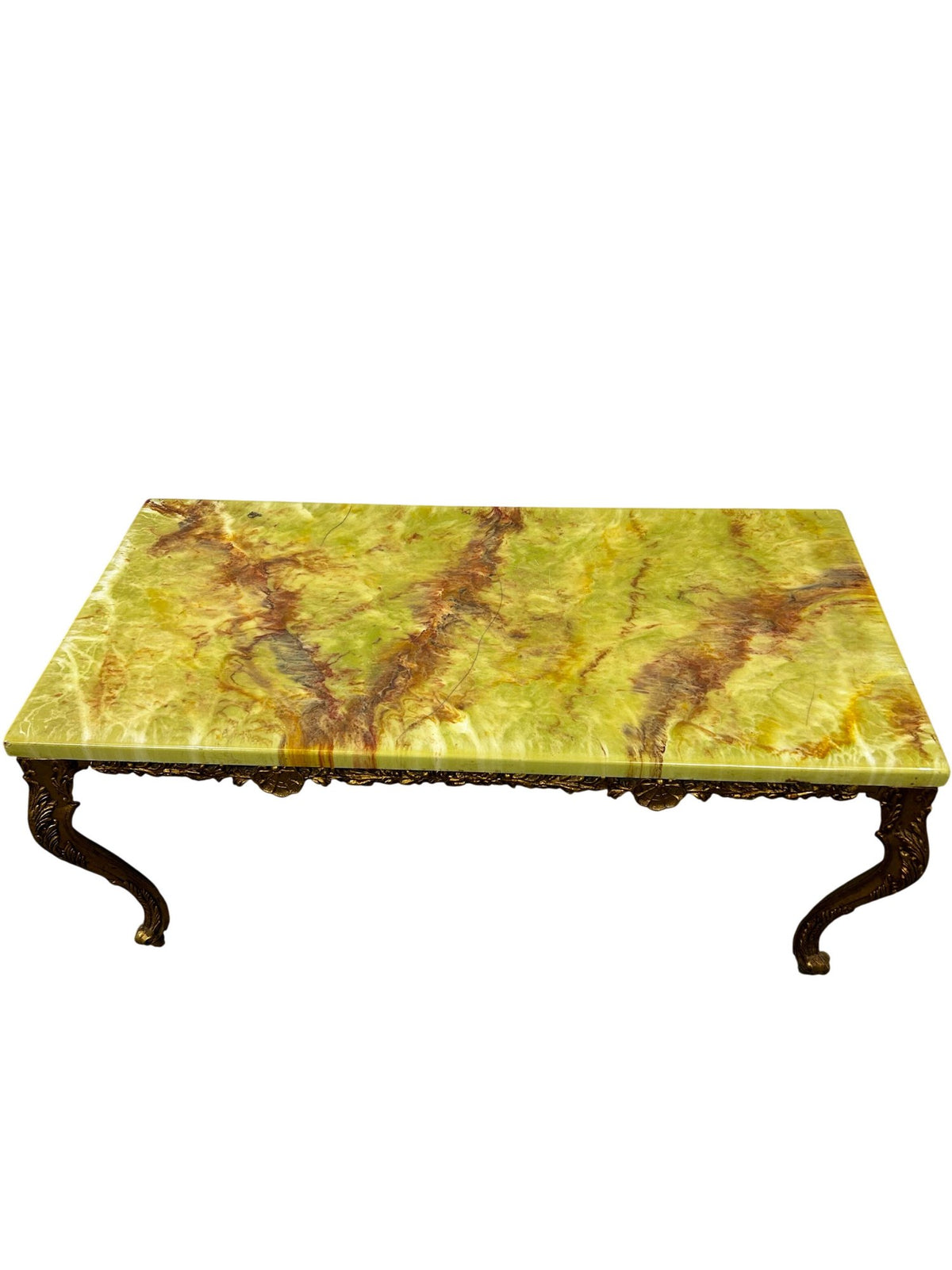 Vintage Green Onyx Marble Coffee Table with Ornate Brass-Tone Base (Pre-Loved)