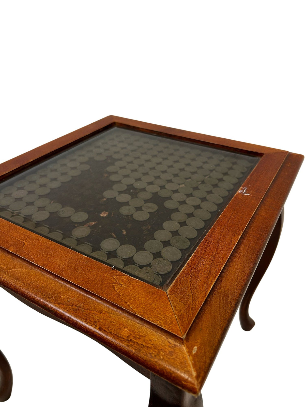 Wooden Coin Display Side Table Glass Top Brown Traditional Style (Pre-Loved)