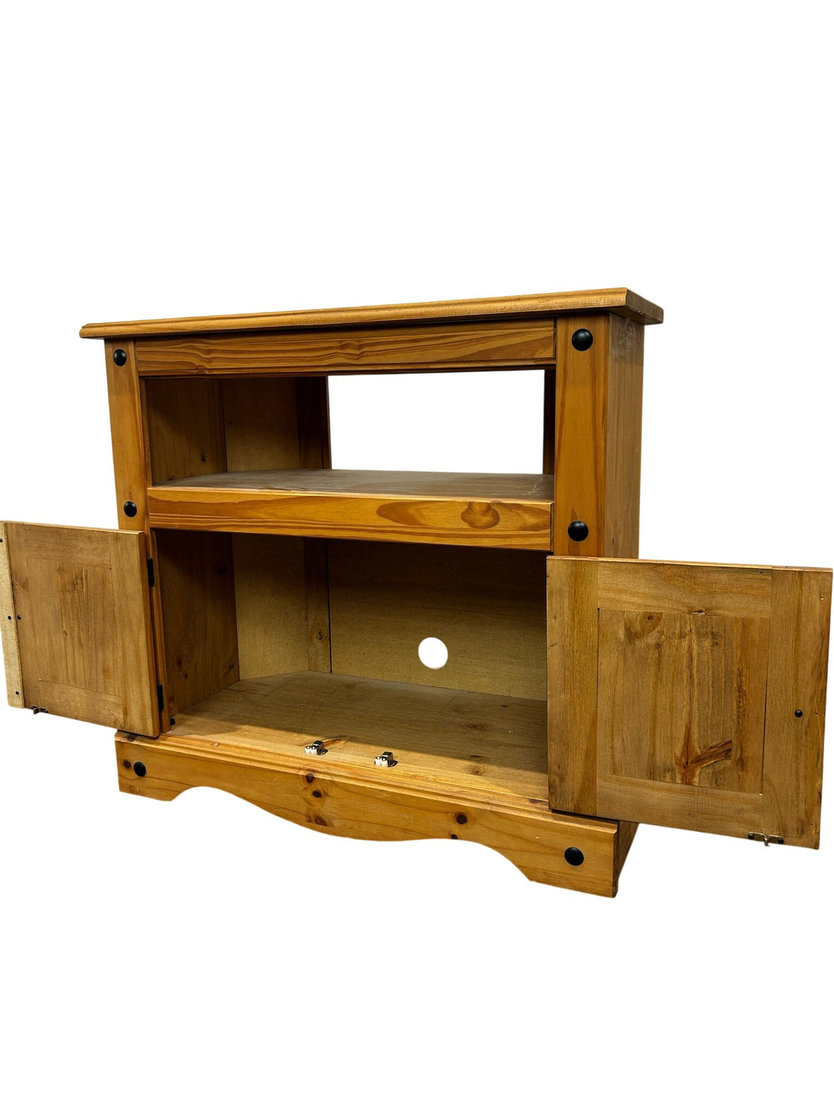 Rustic Pine Corner TV Stand with 2 Door Cupboard & Open Shelf (Pre-Loved)