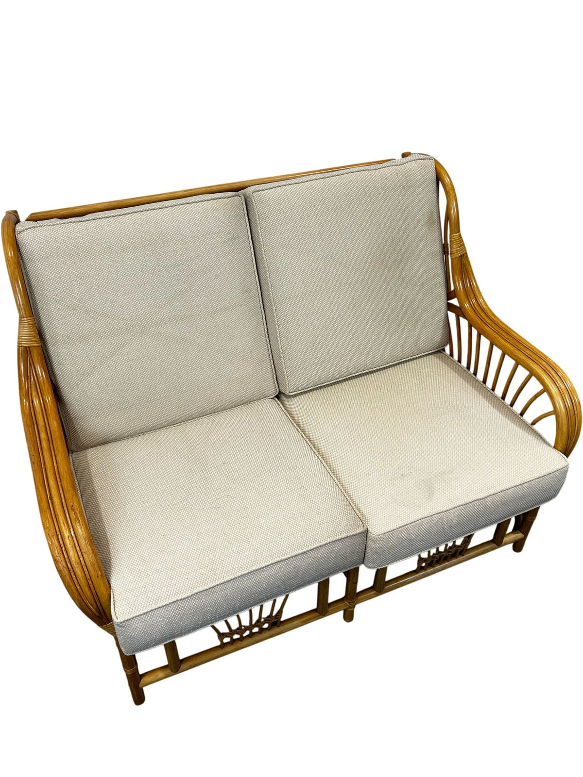 Rattan Two-Seater Conservatory Sofa with Beige Cushions Wicker Frame (Pre-Loved)