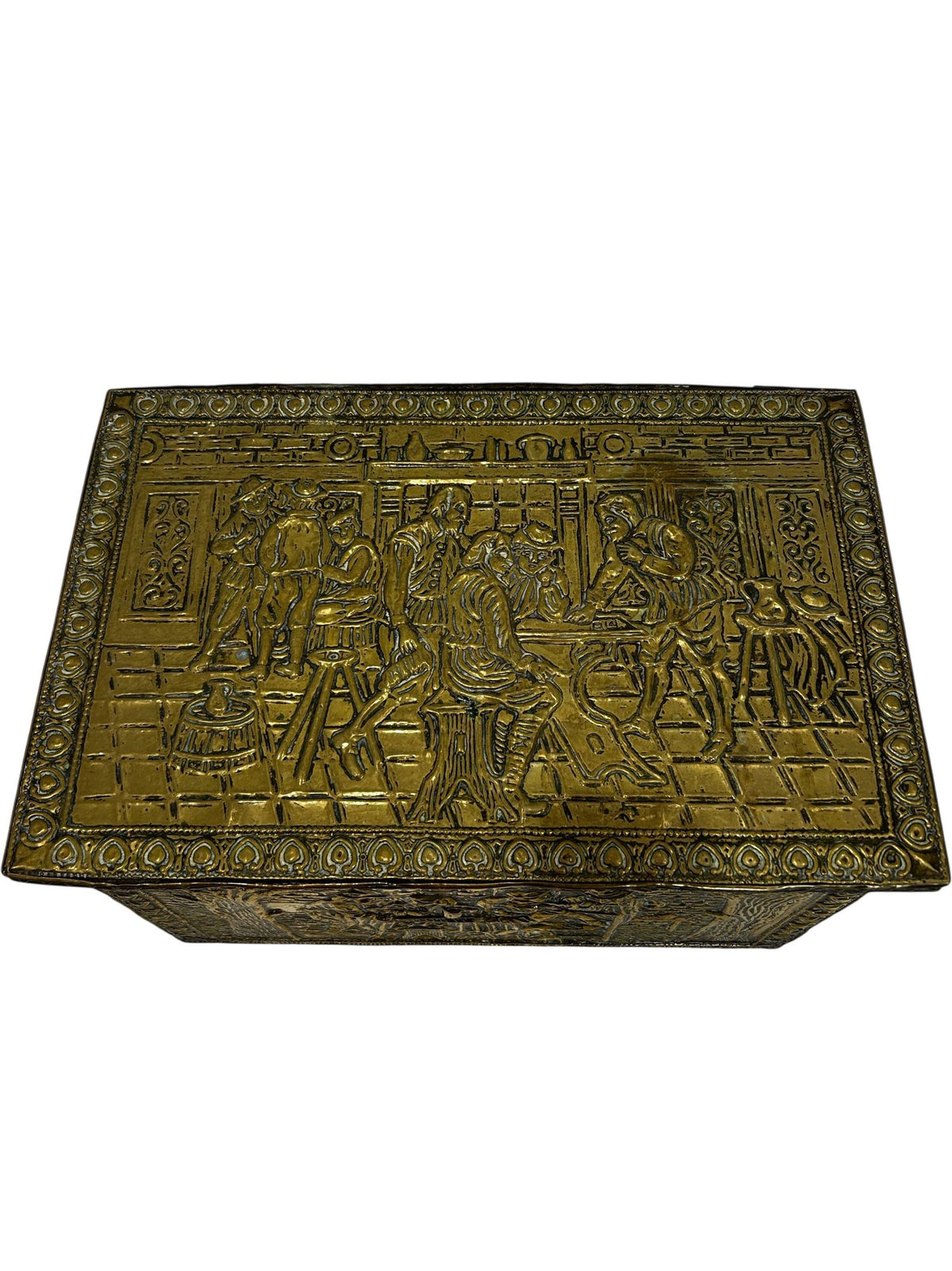 Embossed Metal Storage Box Hinged Lid Brass Tone (Pre-Loved)