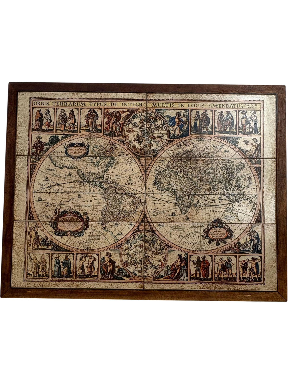 Vintage Stone World Map Print with Wooden Frame Antique (Pre-Loved)