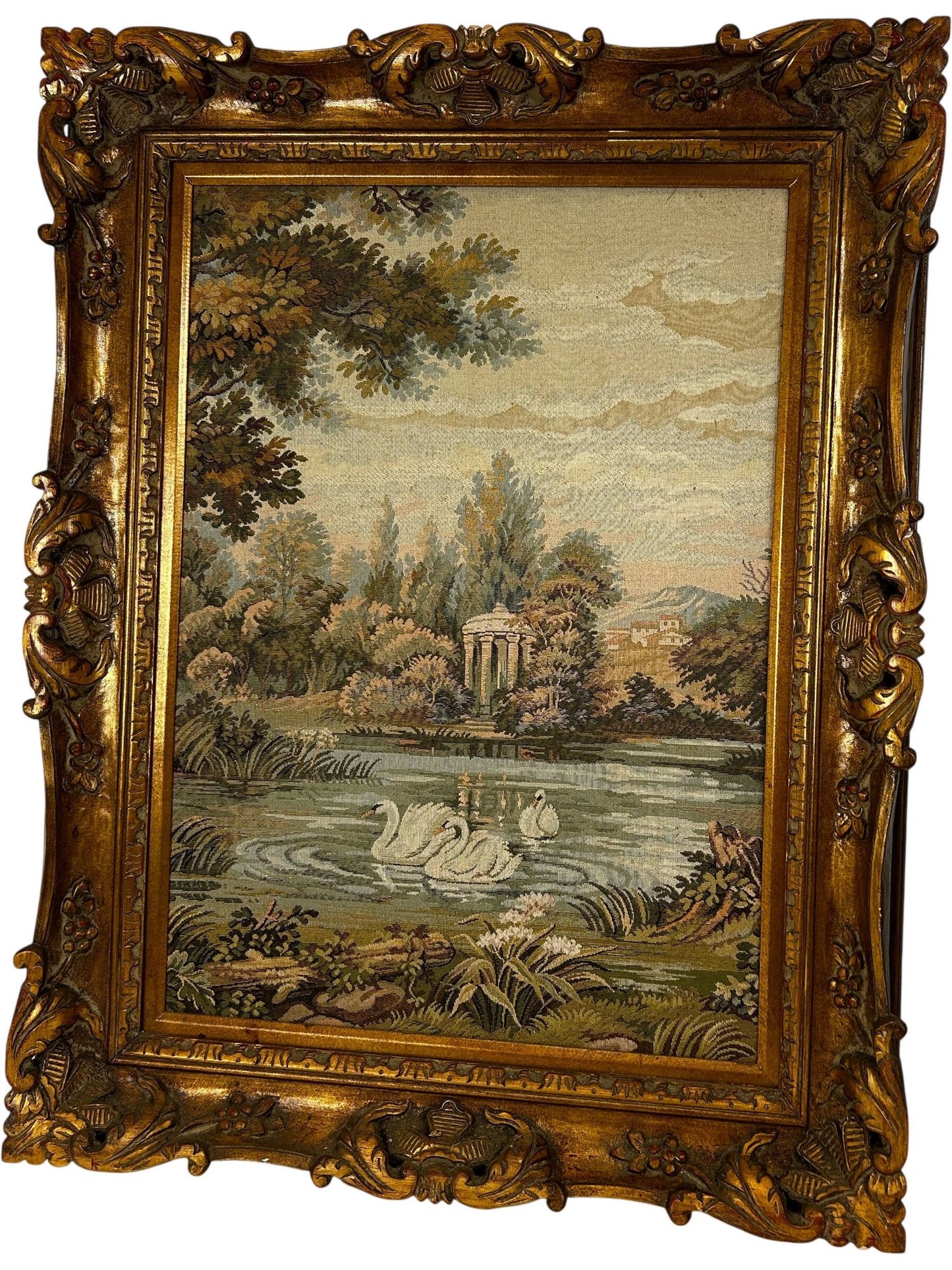Vintage Swan Landscape Tapestry in Ornate Frame (Pre-Loved)