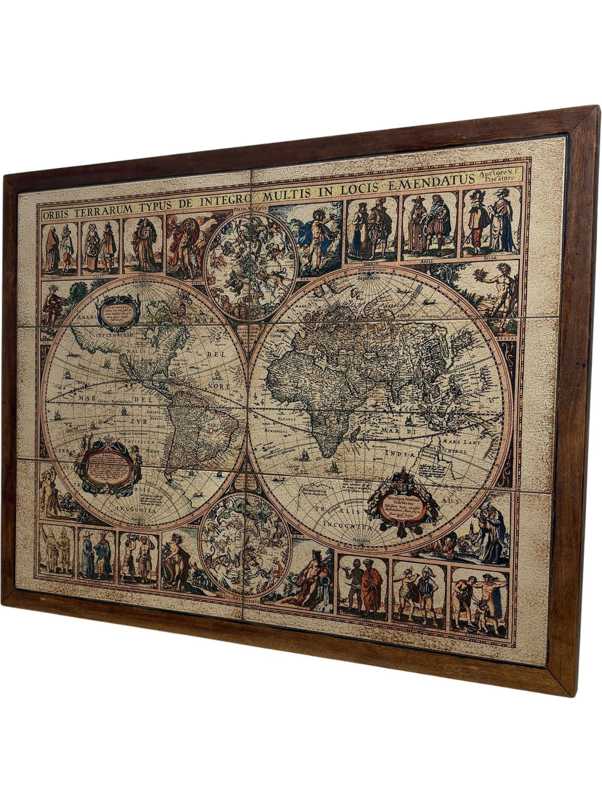 Vintage Stone World Map Print with Wooden Frame Antique (Pre-Loved)