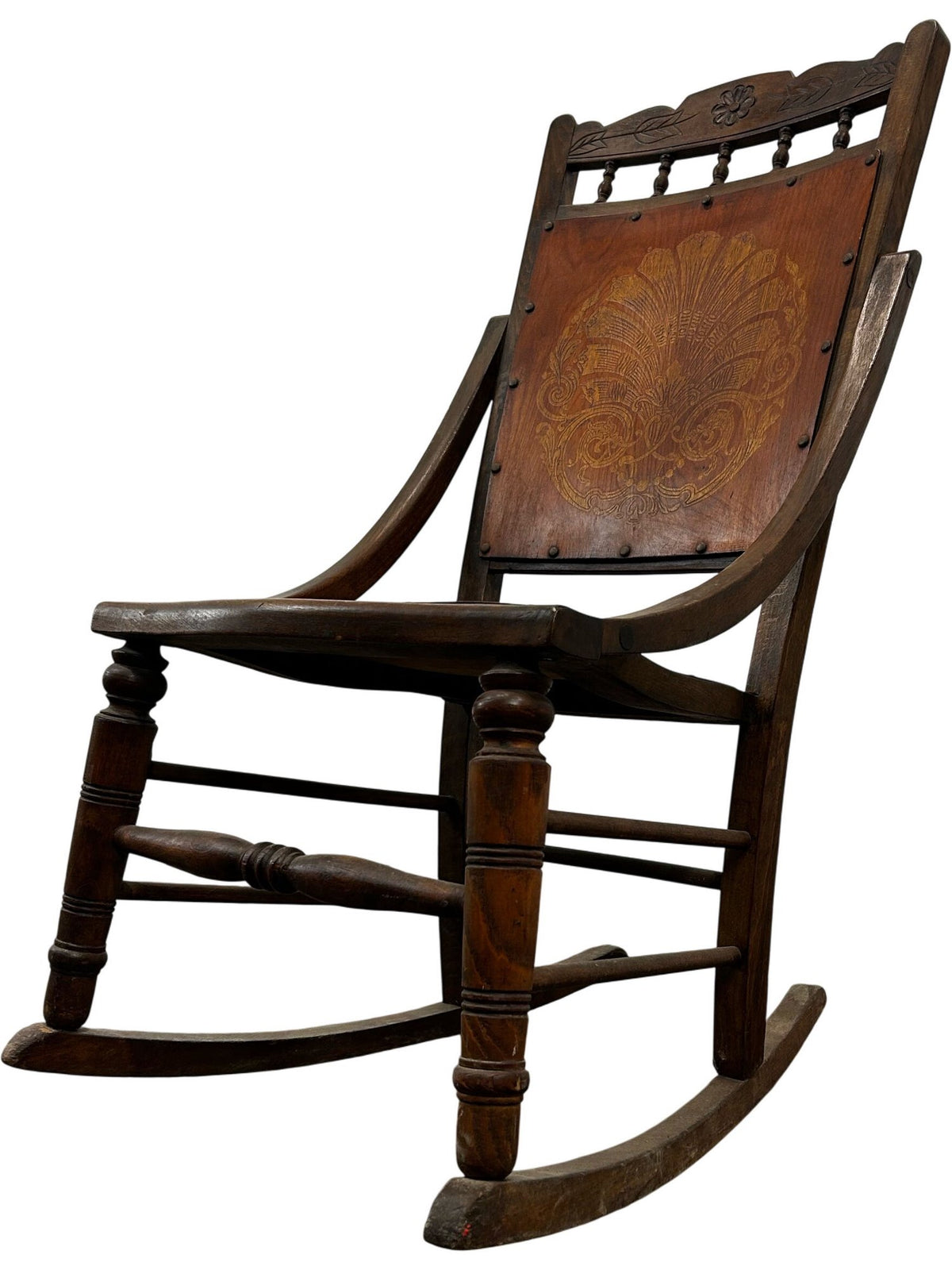 Carved Wooden Rocking Chair Floral Back Turned Legs Traditional (Pre-Loved)