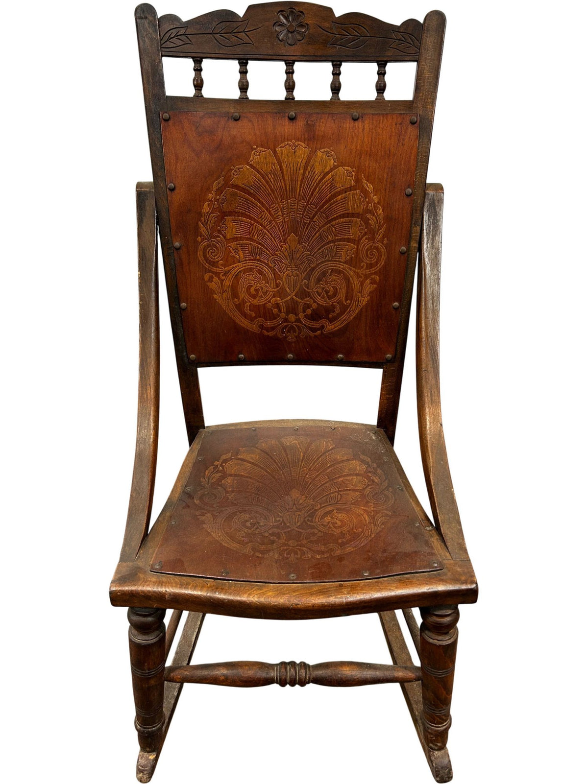 Carved Wooden Rocking Chair Floral Back Turned Legs Traditional (Pre-Loved)