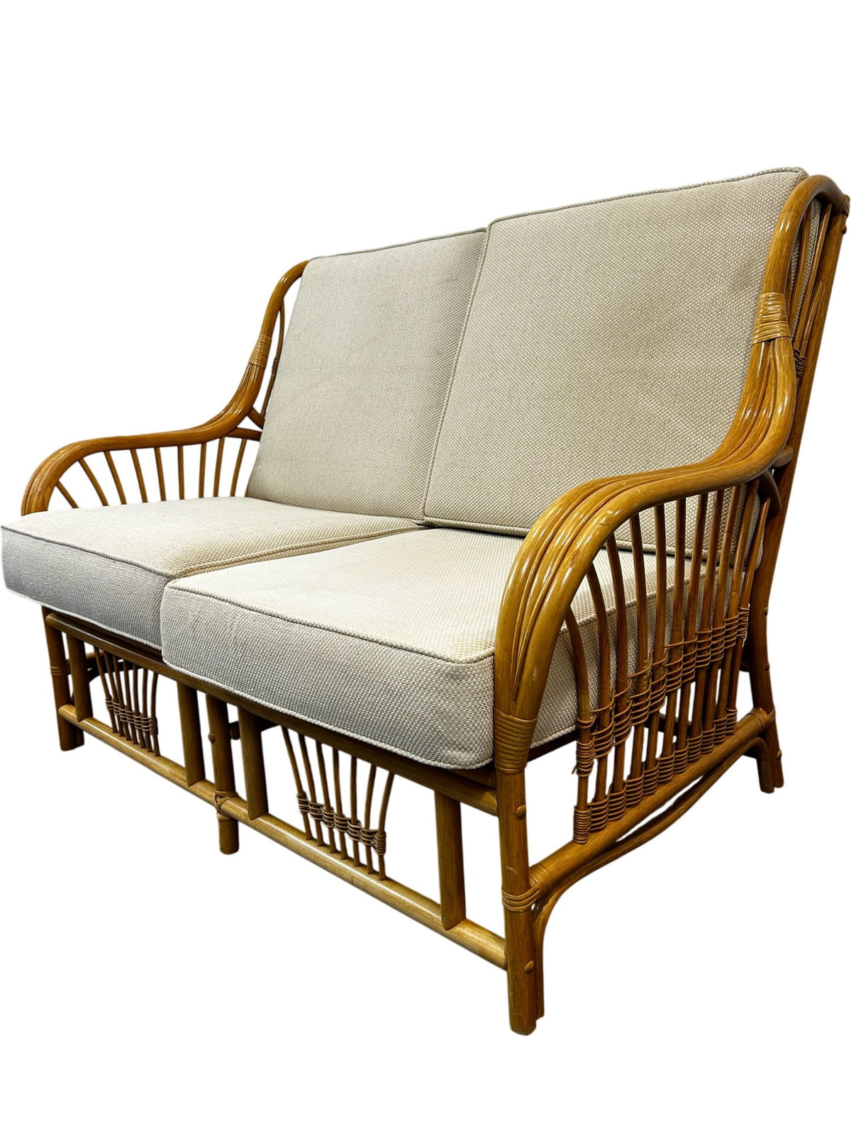 Rattan Two-Seater Conservatory Sofa with Beige Cushions Wicker Frame (Pre-Loved)