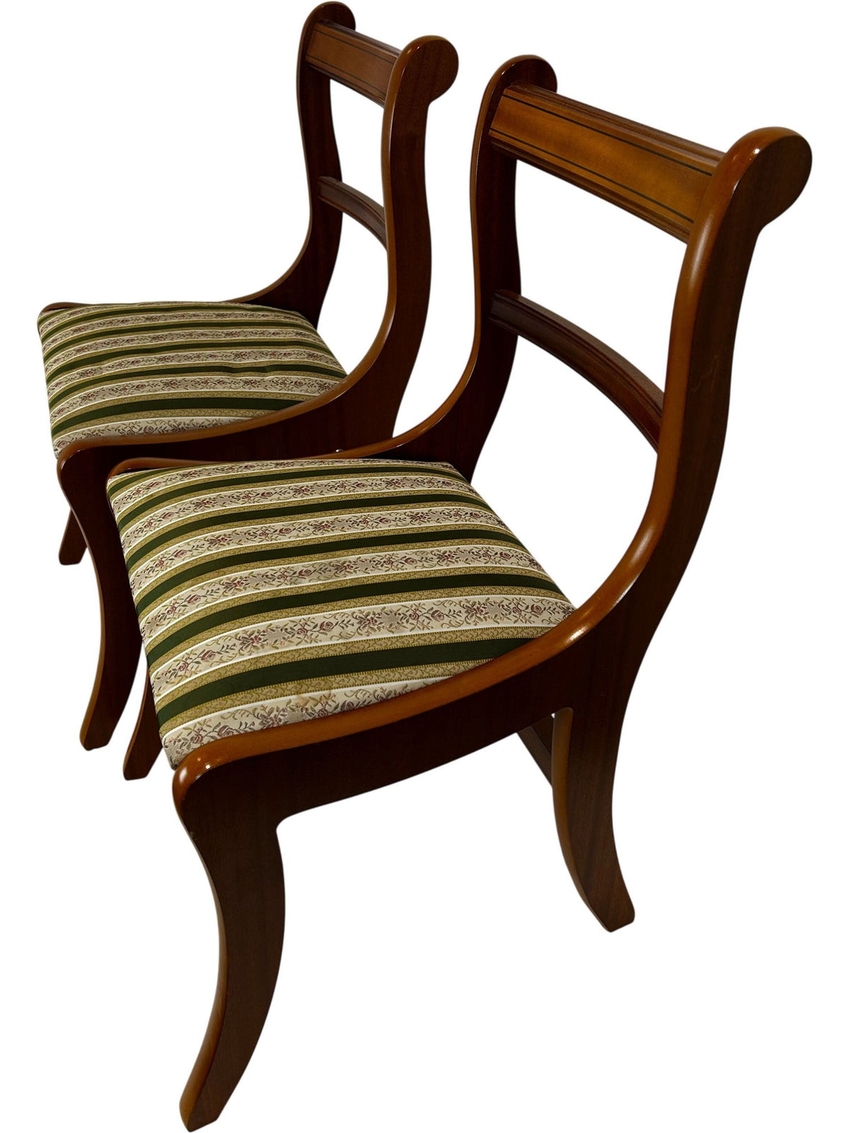Pair Vintage Style Wooden Dining Chairs Striped Upholstered Seats (Pre-Loved)