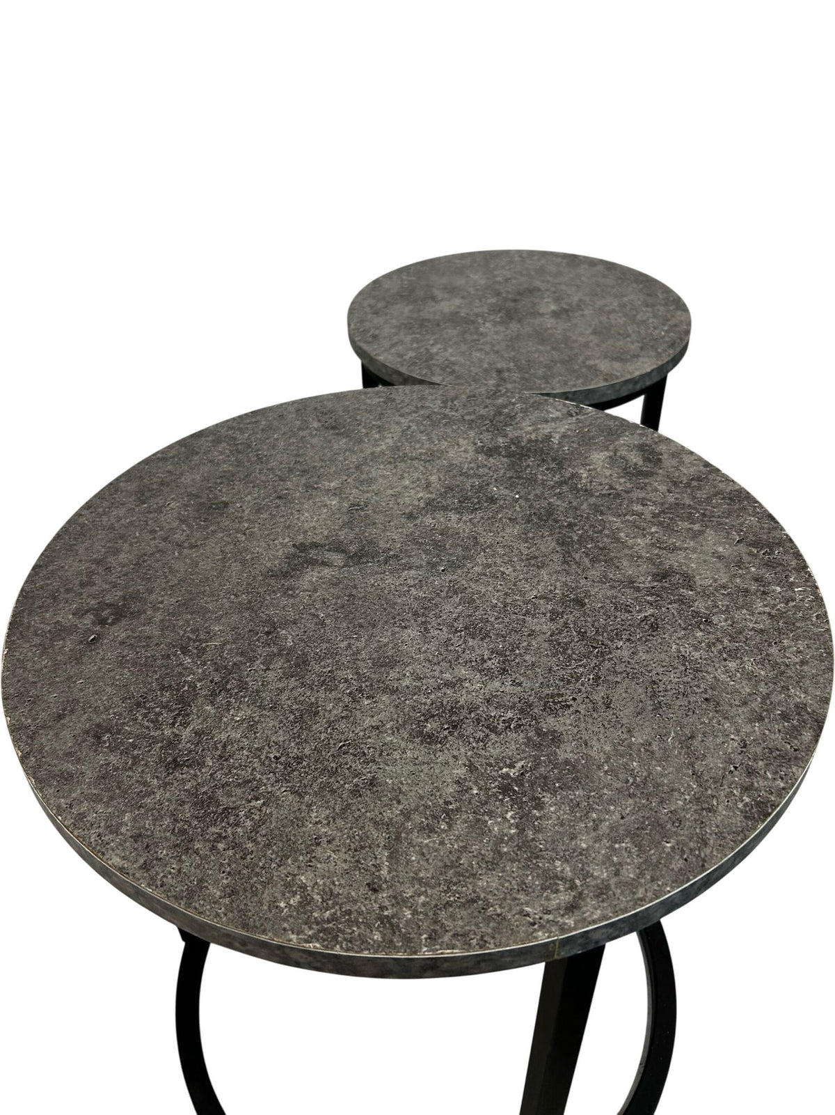 Set of 2 Round Nesting Side Tables Black Metal Frame Grey Tops (Pre-loved)