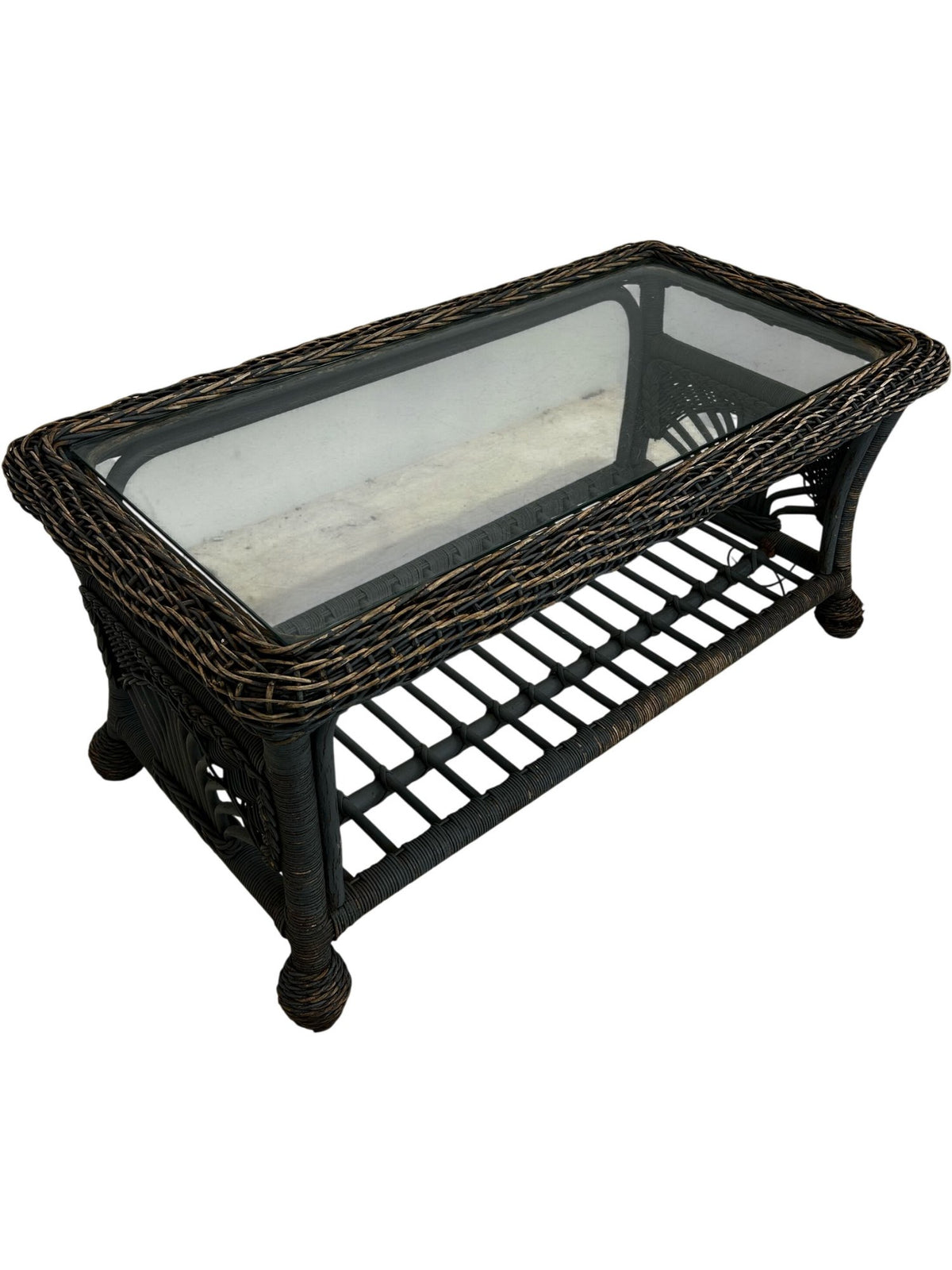 PE Rattan Garden Coffee Table Glass Top Lower Shelf Patio (Pre-Loved)