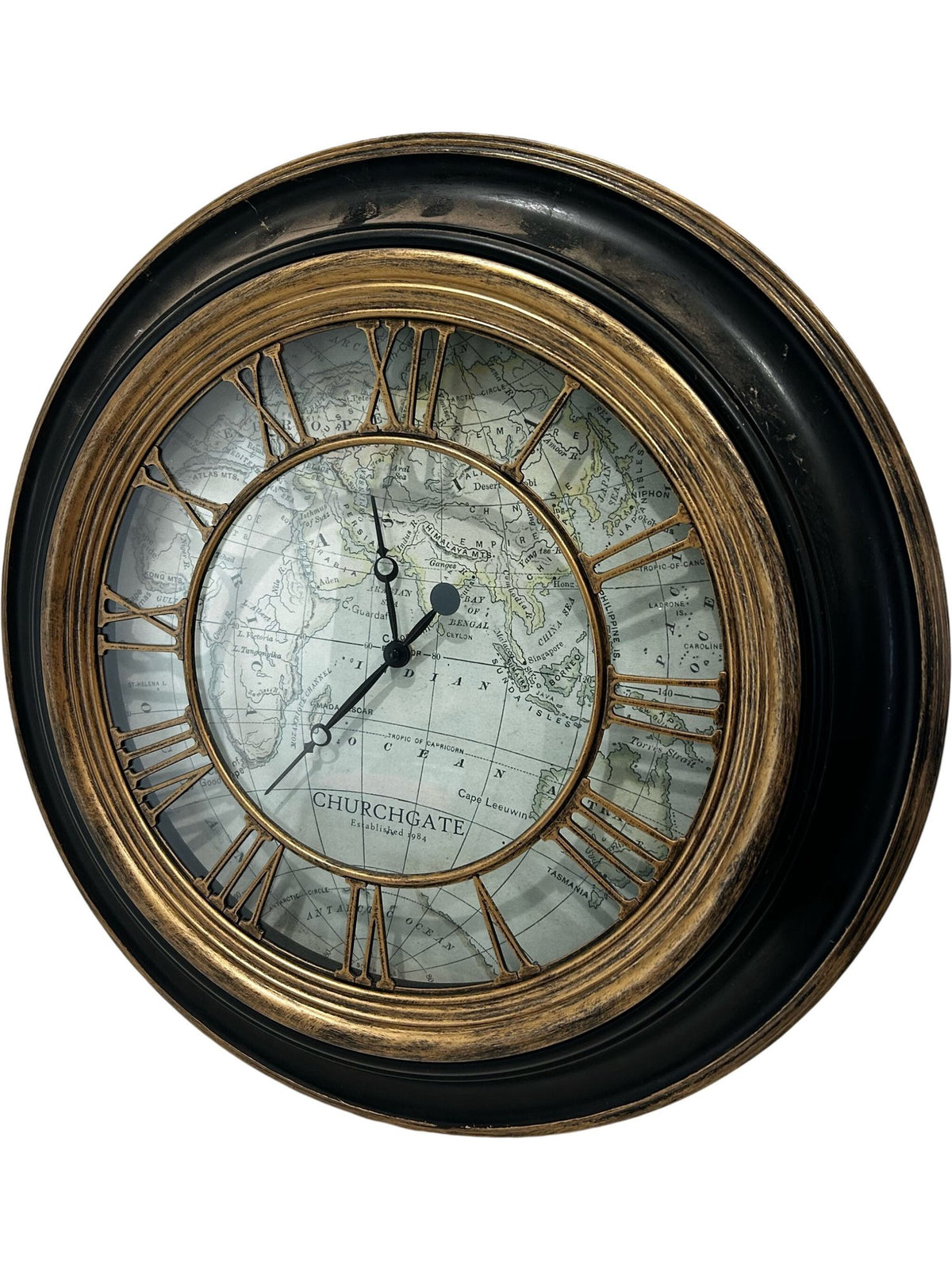 Churchgate Large Wall Clock 60cm Roman Numerals Black Gold Map Style (Pre-Loved)