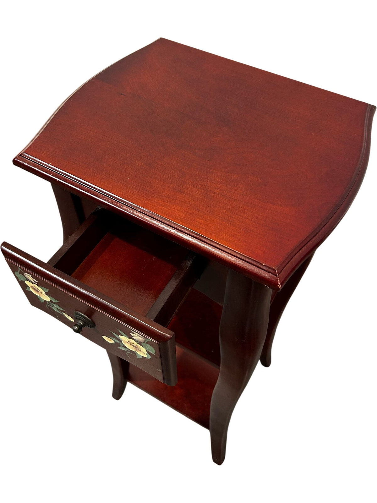 Tall Wooden Side Table Floral Drawer 2 Shelves Mahogany Finish (Pre-Loved)