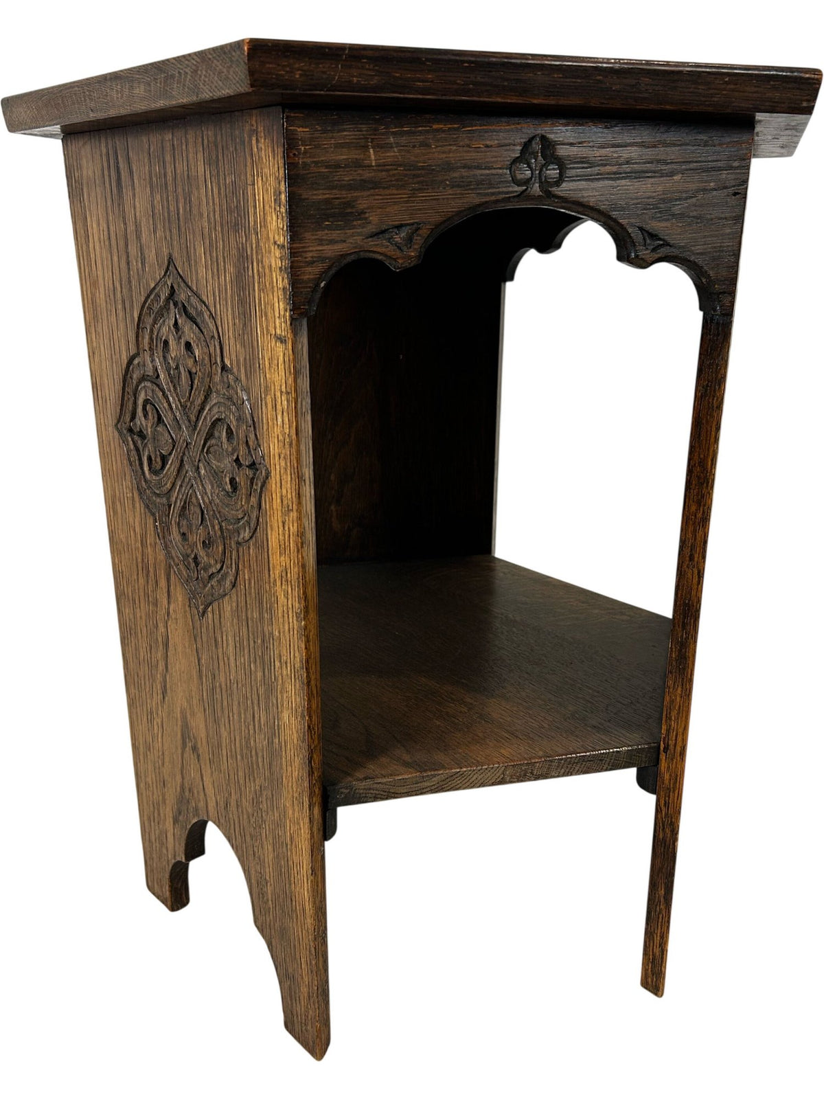 Hexagonal Carved Wooden Side Table with Lower Shelf Dark Oak Style (Pre-Loved)