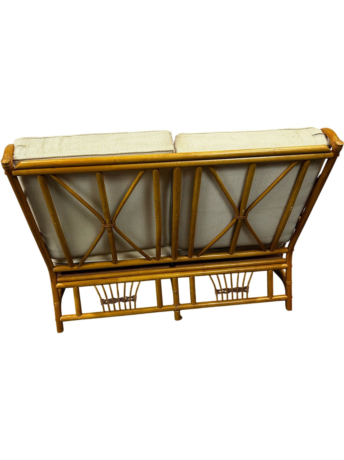 Rattan Two-Seater Conservatory Sofa with Beige Cushions Wicker Frame (Pre-Loved)
