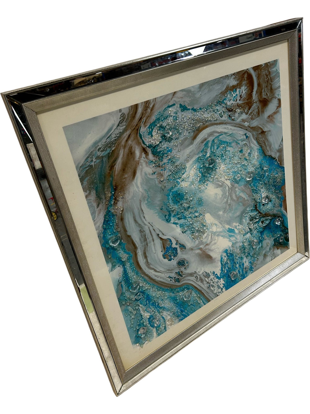 Large Blue White Abstract Marble Effect Wall Art Silver Frame 89cm (Pre-Loved)