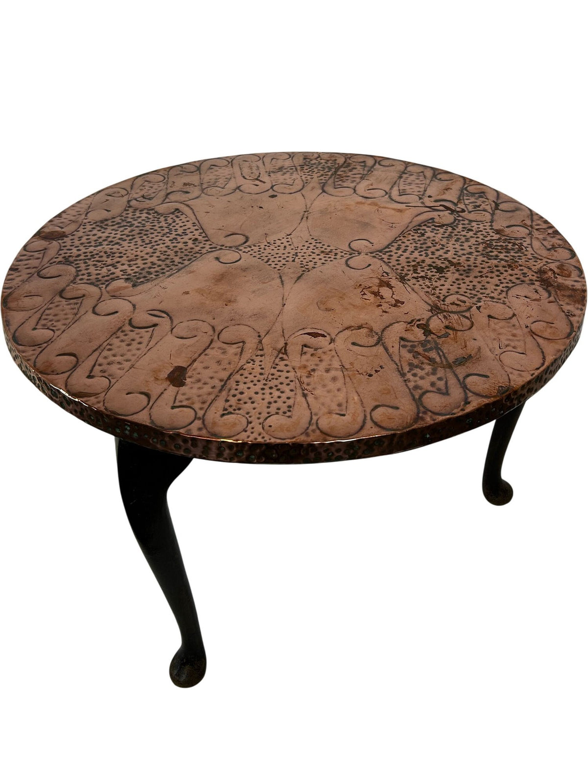 Vintage Round Etched Copper Coffee Table 3 Leg Metal Boho Rustic (Pre-Loved)