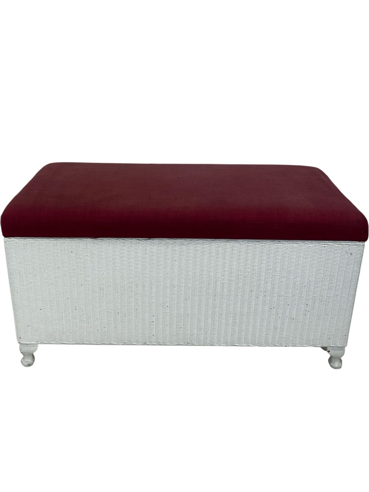 White Wicker Storage Bench Lift Up Burgundy Cushion Ottoman (Pre-Loved)