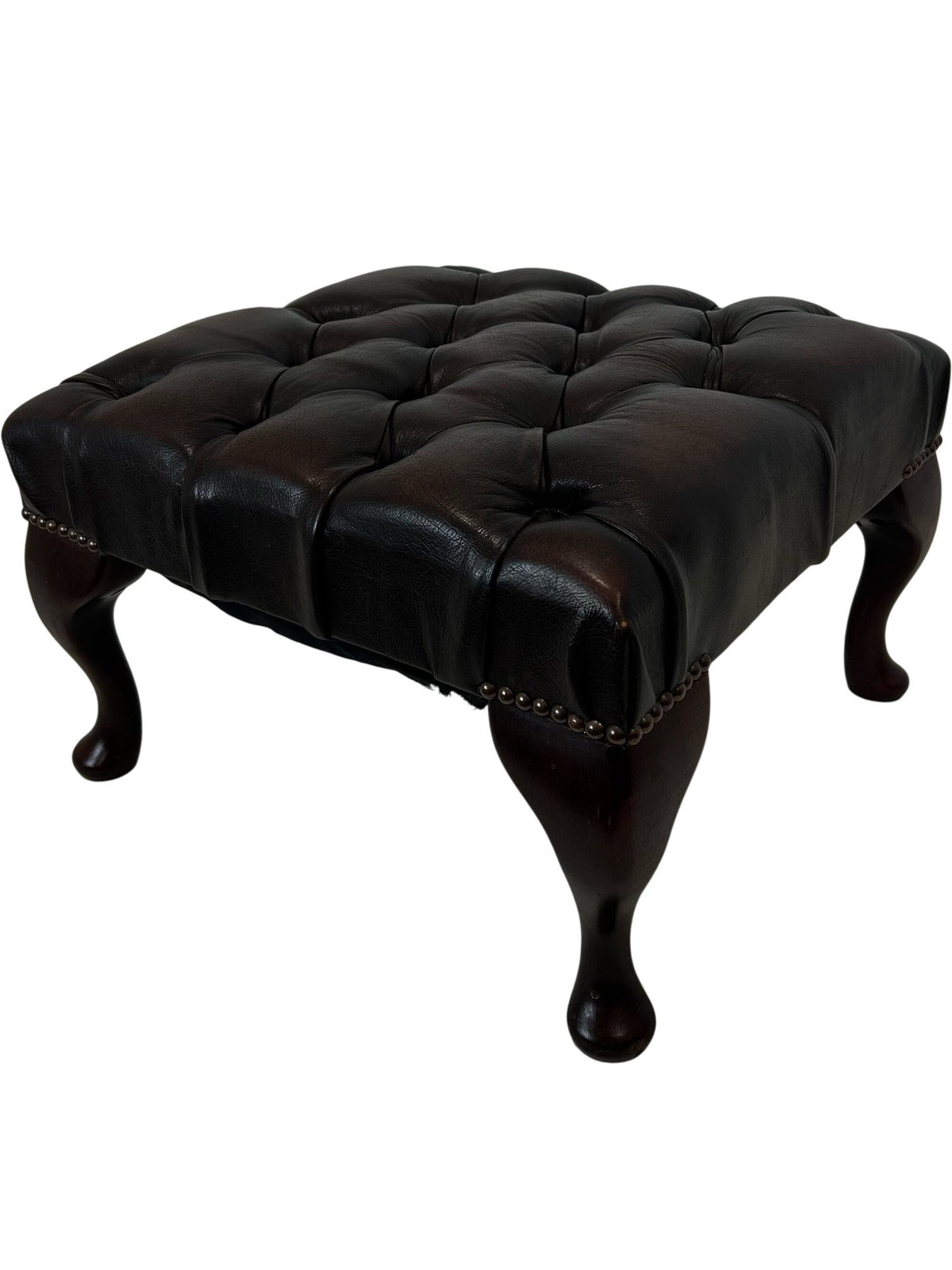 Dark Brown Tufted Footstool with Cabriole Legs (Pre-Loved)