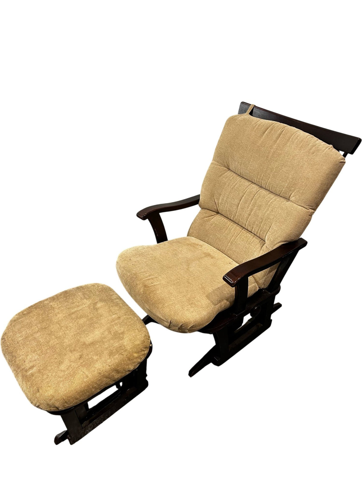 Beige Glider Rocking Chair with Matching Footstool Wooden Frame (Pre-Loved)